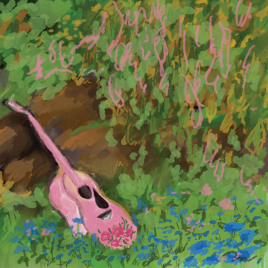 Jessica Mingo JM683 - JM683 - Musical Meadow - 12x12 pink acoustic guitar, meadow setting, wildflowers and greenery, whimsical country vibe, outdoor nature scene, dreamy painterly style, rustic romance from Penny Lane