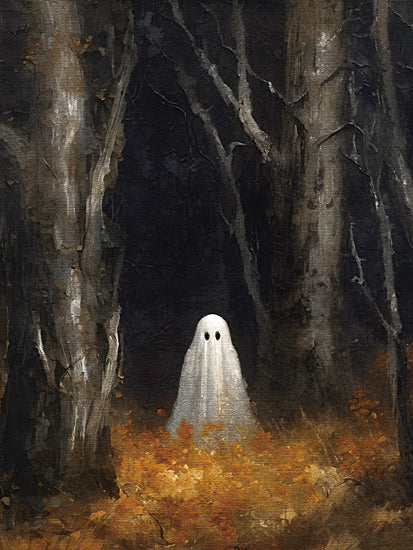 Jo Moulton JO127 - JO127 - Ghostly Woods - 12x16 cute ghost in forest, autumn leaves, spooky woods, whimsical halloween, small friendly ghost, moody dark trees, fall seasonal art from Penny Lane