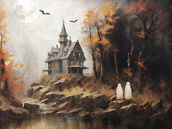 Jo Moulton JO130 - JO130 - Twin Haunts - 16x12 haunted house by lake, full moon, bats flying, autumn trees, spooky landscape, two ghosts, halloween night, moody painterly scene from Penny Lane