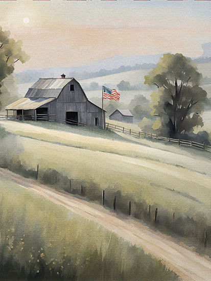Jo Moulton JO139 - JO139 - American Morning - 12x16 american barn landscape, rolling hills, country farm scene, american flag, rural path, patriotic americana, soft watercolor, peaceful countryside from Penny Lane