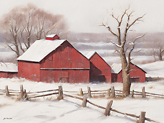 Jo Moulton JO147 - JO147 - Bundled Up Barns - 16x12 Winter, Landscape, Farm, Barn, Red Barns, Snow, Fence, Trees from Penny Lane