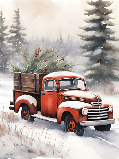 Jo Moulton JO148 - JO148 - Heading Home - 12x16 Winter, Landscape, Snow, Truck, Red Truck, Pine Sprig, Red Berries, Trees, Tree Farm from Penny Lane