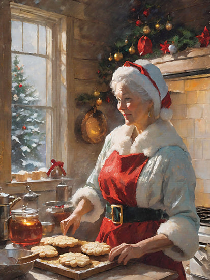 Jo Moulton JO192 - JO192 - Mrs. Claus Baking   - 12x16 Mrs. Claus, baking cookies, Christmas kitchen, holiday traditions, festive apron, rustic kitchen, Christmas tree, cozy holiday scene from Penny Lane