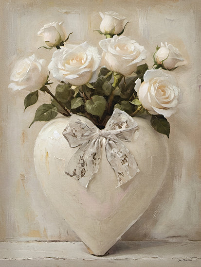 Jo Moulton JO267 - JO267 - Heartfelt Roses - 12x16 white roses bouquet, heart-shaped ceramic vase, ribbon bow, neutral palette, shabby chic, romantic still life, soft lighting, delicate petals, farmhouse cottage style from Penny Lane