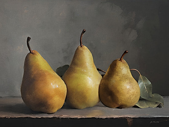 Jo Moulton JO290 - JO290 - Three Pears - 16x12 three pears still life, golden pears, ripe fruit, pear trio, fruit arrangement, dark moody background, painterly oil style, rustic tabletop, muted greens and ochre, soft highlights, vintage kitchen art, traditional still life, elegant neutral decor, canvas texture, farmhouse fruit, botanical leaves, classic realism from Penny Lane