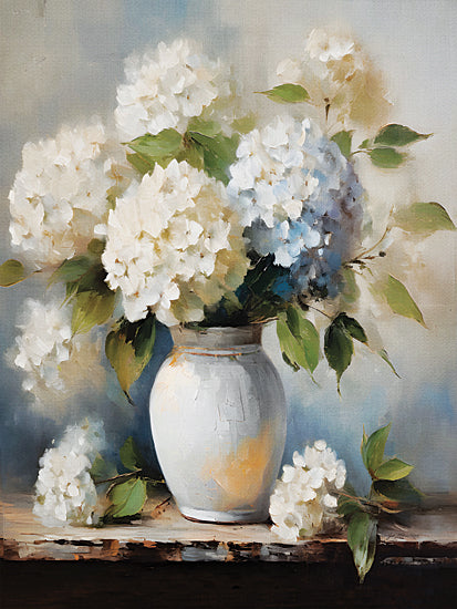 Jo Moulton JO294 - JO294 - Wispy Hydrangeas - 12x16 hydrangea bouquet, white and blue hydrangeas, ceramic vase, tabletop still life, green leaves, soft blue background, painterly texture, cottage floral, elegant arrangement, muted palette, botanical art, gentle brush strokes, calm serene decor from Penny Lane