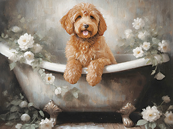Jo Moulton JO309 - JO309 - Labradoodle Bath - 16x12 goldendoodle dog, claw-foot bathtub, white garden roses, cute pet portrait, bathroom setting, soft neutral tones, playful expression, romantic cottage style, painterly realism from Penny Lane
