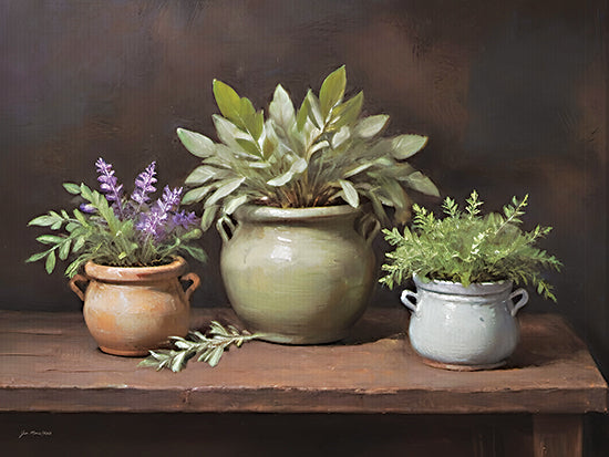 Jo Moulton JO317 - JO317 - Fresh Herbs - 16x12 potted herbs, lavender plant, rosemary, fern greenery, ceramic pots, rustic wooden shelf, botanical still life, kitchen garden, farmhouse herb planters, purple flowers, green foliage, country cottage decor, painterly pottery, garden arrangement, warm dark background from Penny Lane