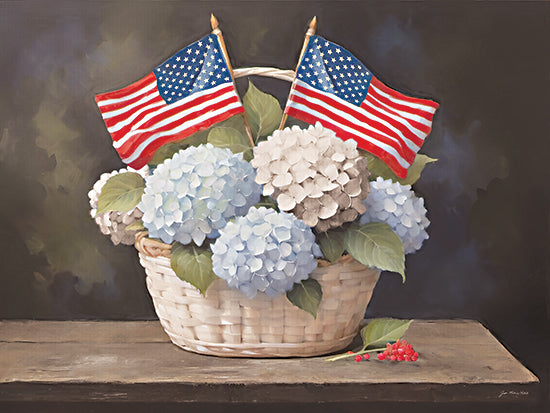 Jo Moulton JO340 - JO340 - Basket of Freedom - 16x12 Basket of hydrangeas, American flags, rustic decor, farmhouse flowers, blue and white hydrangeas, still life arrangement, patriotic floral from Penny Lane