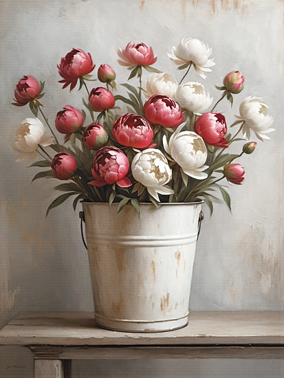 Jo Moulton JO346 - JO346 - Bucket Full of Blooms II - 12x16 red and white peonies, rustic metal bucket, vintage floral still life, farmhouse decor, detailed petals, realistic flower painting from Penny Lane