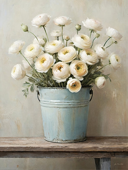 Jo Moulton JO347 - JO347 - Bucket Full of Blooms III - 12x16 white ranunculus flowers, rustic blue pail, farmhouse floral decor, realistic still life painting, neutral tones, delicate petals from Penny Lane