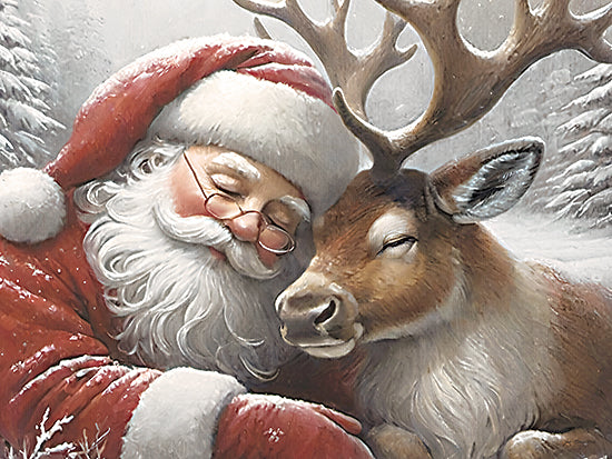Jo Moulton JO371 - JO371 - Santa's Companion   - 18x12 holidays & seasonal, animals, figurative, christmas, winter, wildlife, santa, reindeer, snowy branch, pine trees, cuddling, sleepy, whimsical, painterly, oil painting, red from Penny Lane