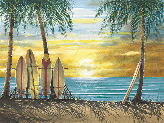 John Rossini JR440 - JR440 - Until Tomorrow - 16x12 tropical beach, palm trees, surfboards, ocean sunset, coastal landscape, surfing, summer vibes, tropical decor, golden sky, teal water, transportation, beach life, vacation, seaside, contemporary watercolor style from Penny Lane