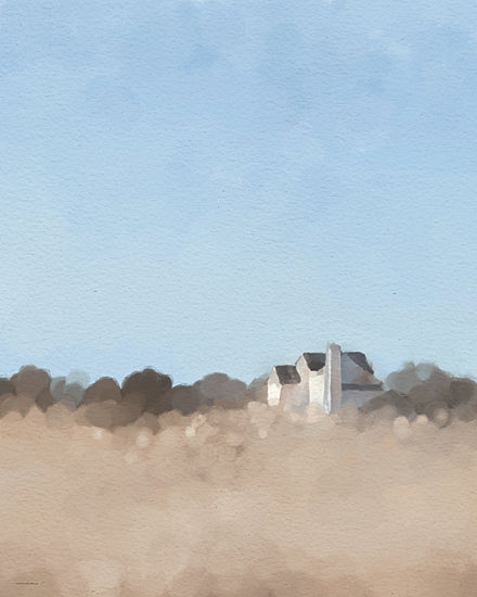 Kamdon Kreations KAM1066 - KAM1066 - Silent Day - 12x16 minimal farmhouse landscape, distant white house, open field, pale blue sky, soft horizon line, neutral earth tones, tranquil rural scene, airy composition, painterly countryside, quiet modern farmhouse art from Penny Lane