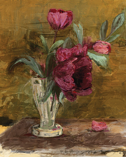 Kamdon Kreations KAM1071 - KAM1071 - Serenade of Petals - 12x16 red tulips in vase, still life painting, impressionist flowers, rustic background, expressive brush strokes, moody tones from Penny Lane