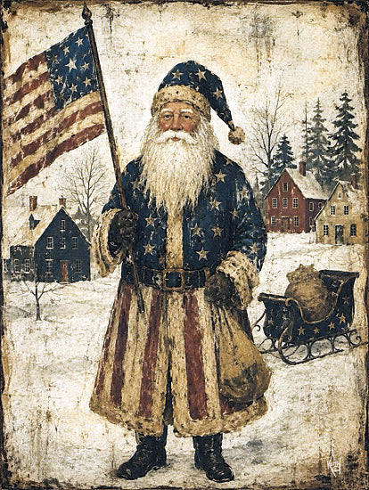 Keith Bowman KB152 - KB152 - Freedom Santa - 12x16 holidays & seasonal, patriotic & americana, figurative, christmas, winter, americana, flags & stars, country, santa, sleigh, snowy village, american flag, colonial houses, folk art, vintage, acrylic, multicolor from Penny Lane