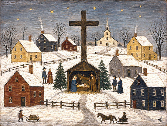 Keith Bowman KB158 - KB158 - Love of the Village - 16x12 religious & spiritual, holidays & seasonal, figurative, animals, landscape, christmas, winter, farm animals, rural, trees, nativity, stable, church, village, snowy, sleigh, star, folk art, whimsical, oil painting, multicolor from Penny Lane