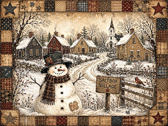 Keith Bowman KB161 - KB161 - The Hobo Snowman - 16x12 holidays & seasonal, landscape, animals, backgrounds & patterns, winter, christmas, country, trees, birds, snowman, village, church, snowy, cardinal, quilt, stars, folk art, vintage, mixed media, neutral from Penny Lane