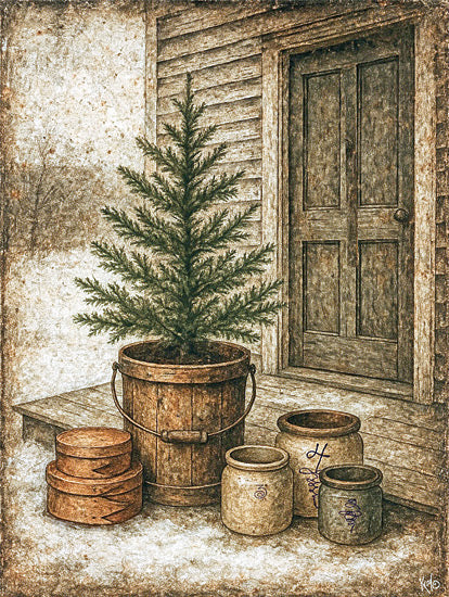 Keith Bowman KB165 - KB165 - Shaker Tree Christmas - 12x16 holidays & seasonal, botanical, home spaces, still life, christmas, winter, trees, entry, christmas tree, porch, snow, wooden door, rustic, crocks, stacked boxes, vintage, modern farmhouse, mixed media, neutral from Penny Lane