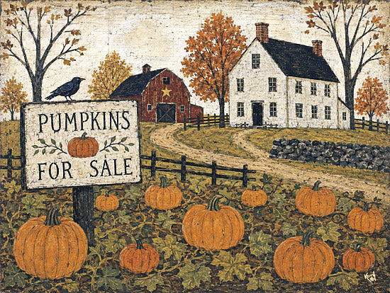 Keith Bowman KB167 - KB167 - Pumpkins For Sale - 16x12 holidays & seasonal, landscape, animals, food & drink, typography, fall, harvest, country, rural, trees, birds, fruit & vegetables, signs, farmhouse, pumpkin patch, crow, autumn leaves, barn, house, dirt road, folk art, vintage, oil painting, orange from Penny Lane