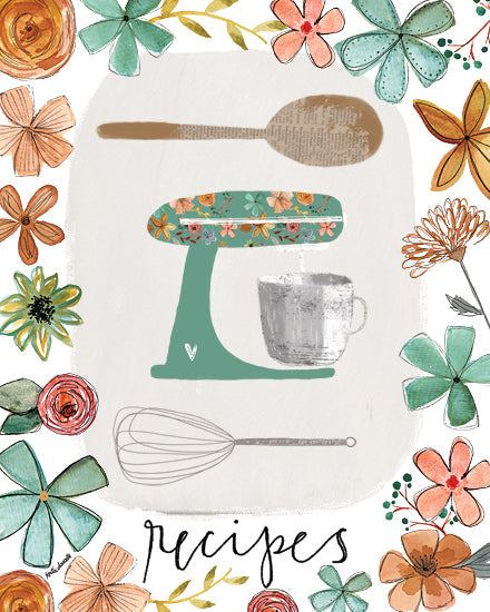 Katie Doucette KD258 - KD258 - Recipes - 12x16 recipes cover art, floral border, stand mixer illustration, wooden spoon, whisk drawing, kitchen utensils, scrapbook style texture, pastel flowers, handmade kitchen sign, cozy baking theme from Penny Lane