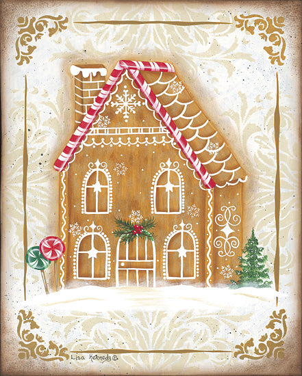 Lisa Kennedy KEN1347 - KEN1347 - Gingerbread House - 12x16 gingerbread house, candy canes, snow, holiday sweets, vintage Christmas illustration, whimsical bakery cottage, festive cookie house, nostalgic seasonal decor, warm neutral background, folk-style holiday art from Penny Lane