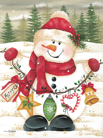 Lisa Kennedy KEN1351 - KEN1351 - Snowman's Garland - 12x16 snowman, Christmas, winter scene, holiday decor, red Santa hat, red scarf, smiling snowman, ornaments, bells, candy cane heart, evergreen trees, falling snow, whimsical, folk art style, festive, woodland background, merry tag, seasonal wall art, cheerful character, rustic holiday from Penny Lane