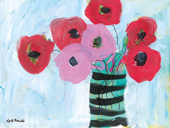 Kait Roberts KR906 - KR906 - For Me Flowers - 16x12 red poppy flowers, pink flowers, striped vase, pale blue background, contemporary floral painting, bold modern bouquet, expressive brushwork, still life art, painterly petals, feminine decor, decorative wall art, loose floral composition, vibrant botanical from Penny Lane