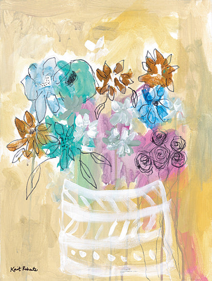 Kait Roberts KR908 - KR908 - Remembered Day - 12x16 mixed media floral bouquet, white basket vase, pastel yellow background, sketched flowers, abstract arrangement, whimsical florals, contemporary painting, loose linework, decorative still life, soft modern palette, painterly texture, feminine art, playful bouquet from Penny Lane