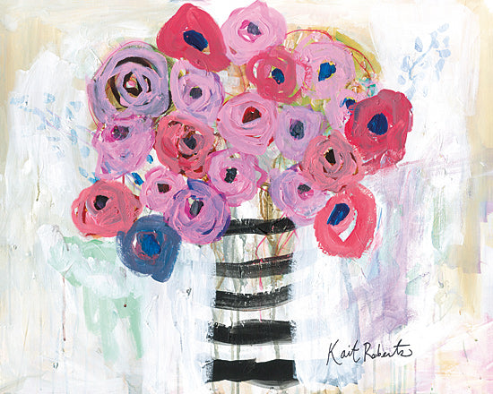 Kait Roberts KR916 - KR916 - Tea for Two Blooms - 16x12 abstract floral bouquet, pink roses, lavender flowers, striped black and white vase, textured acrylic painting, feminine wall art, loose brushwork, pastel background, modern floral still life, romantic blooms, painterly petals, contemporary canvas art, soft mint accents, blush tones, oversized bouquet, expressive floral arrangement from Penny Lane