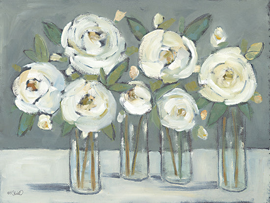 Kate Sherrill KS257 - KS257 - Peonies in a Row    - 16x12 floral bouquet, white peonies, flowers in vases, farmhouse floral art, muted green background, painterly contemporary still life from Penny Lane