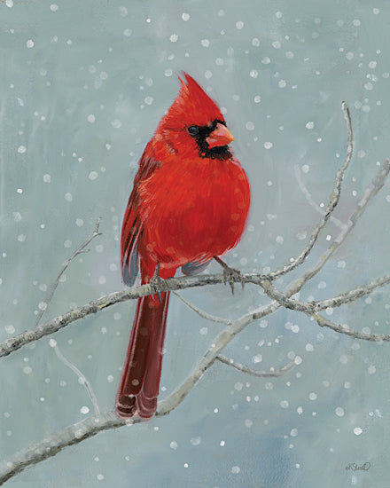 Kate Sherrill KS308 - KS308 - Winter Cardinal I   - 12x16 red cardinal on branch, falling snow, winter bird, mint green background, perched songbird, snowy branch, close wildlife portrait, holiday bird art, painterly feathers, bright red bird, seasonal nature illustration from Penny Lane