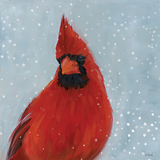 Kate Sherrill KS309 - KS309 - Winter Cardinal II   - 12x12 close-up cardinal portrait, red songbird, snowy background, winter cardinal face, black mask markings, mint aqua backdrop, festive bird artwork, painterly bird painting, holiday wildlife, bold red feathers from Penny Lane