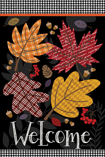 Lisa Larson LAR716 - LAR716 - Welcome Fall Leaves - 12x18 welcome fall sign, plaid autumn leaves, acorns and pinecones, cozy seasonal artwork, rustic wall decor, farmhouse fall style, country typography art from Penny Lane