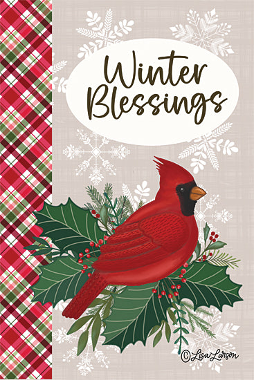 Lisa Larson LAR720 - LAR720 - Winter Blessings Cardinal - 12x18 Winter Blessings cardinal bird, holiday art, plaid pattern, holly leaves, snowflakes, red cardinal illustration, festive greeting, winter season, nature, Lisa Larson art from Penny Lane