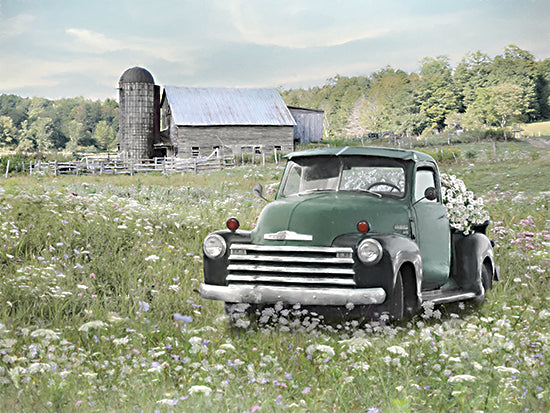 Lori Deiter LD3339 - LD3339 - Summer Days on the Farm   - 16x12 green vintage truck, old pickup truck, rustic farm truck, wildflower meadow, white wildflowers, barn, silo, farm buildings, rural landscape, summer field, countryside, americana, nostalgic, pastoral, nature, greenery, transportation, farm life, landscape, painterly, brush strokes from Penny Lane