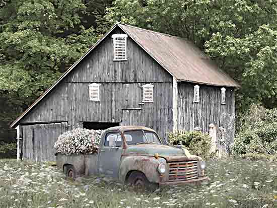 Lori Deiter LD3454 - LD3454 - Vintage Blooms   - 16x12 rustic barn, weathered barn, gray barn, old pickup truck, vintage truck, rusty truck, flowers in truck bed, floral arrangement, meadow, wildflowers, rural countryside, farm scene, greenery, nature, farmhouse style, nostalgic, americana, transportation, landscape, painterly, brush strokes from Penny Lane