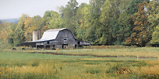 Lori Deiter LD3537 - LD3537 - Fall Farm in the Smokies - 18x9 rustic barn, old barn, countryside, green field, pasture, rural landscape, trees, forest edge, summer landscape, farm building, americana, farmhouse style, country decor, nature, greenery, landscape, painterly, brush strokes from Penny Lane