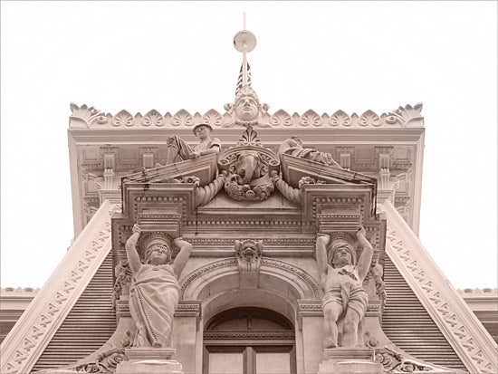 Lori Deiter LD3725 - LD3725 - Intricate Arches - 16x12 ornate historic building facade, classical architecture, sculpted figures, decorative pediment, city landmark detail, pale neutral tones, elegant architectural photography, european style facade, carved stonework, upward perspective from Penny Lane