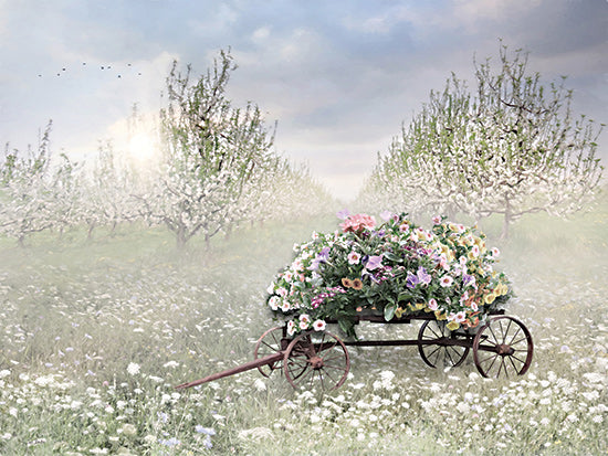 Lori Deiter LD3766 - Blooming Bounty - 16x12 flower cart in blooming orchard, spring landscape, pastel blossoms, rustic wagon, flowering trees, soft sunlight, countryside floral scene, dreamy garden art, painterly springtime decor, romantic rural setting from Penny Lane