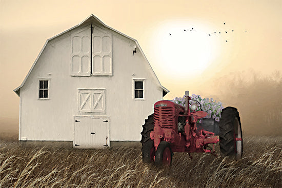 Lori Deiter LD3824 - LD3824 - Rustic Reflection   - 18x12 white barn, red tractor, warm golden sky, sunset, birds in flight, tall grass field, rustic farmyard, vintage tractor, floral basket, peaceful rural evening, farmhouse scene, pastoral landscape, nostalgic country art, painterly texture, soft atmospheric light from Penny Lane