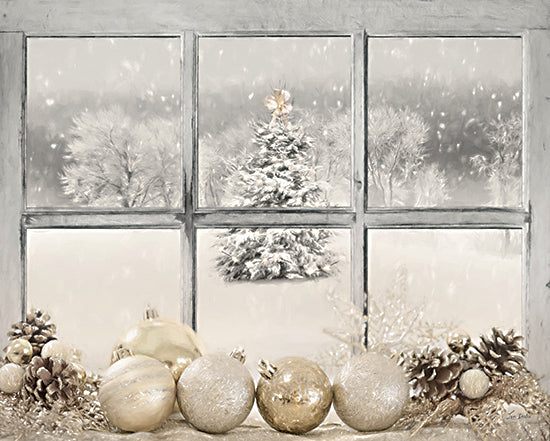 Lori Deiter LD3825 - LD3825 - Silver and Gold Holiday Window - 16x12 frosted window, snowy tree, pine tree with star, holiday ornaments, Christmas baubles, pinecones, winter snow scene, festive decor from Penny Lane