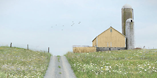 Lori Deiter LD3879 - LD3879 - Buttercup Barn - 18x9 rural farm scene, yellow barn, silo, gravel lane, wildflower meadow, soft watercolor style, open field, country landscape, pastoral, farmhouse outbuilding, spring/summer greenery, birds in sky, simple rustic charm, modern farmhouse aesthetic, countryside from Penny Lane
