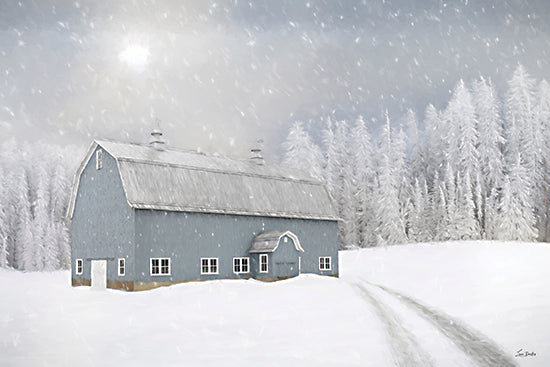 Lori Deiter LD3904 - LD3904 - Hush of Winter - 18x12 blue barn, winter snowstorm, snowy trees, frosted forest, rural lane, country barn, peaceful winter landscape, pale blue palette, falling snow, farmhouse art, serene countryside, painterly snow scene, rustic architecture, soft atmospheric light from Penny Lane