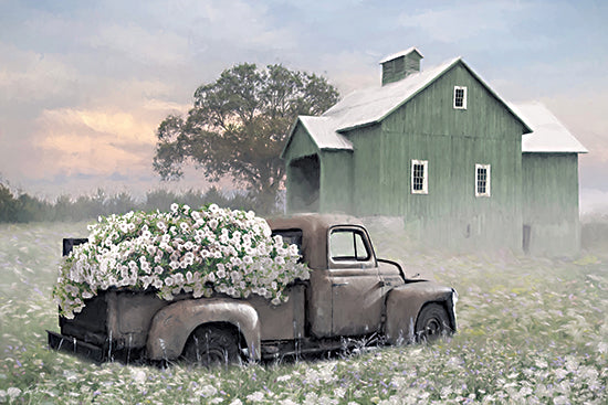 Lori Deiter LD3919 - LD3919 - Rustic Romance - 18x12 white barn, snowy hay bales, holiday wreath, winter snowfall, frosted trees, Christmas farm, rustic countryside, soft white palette, festive barn decor, serene snow scene, rural holiday landscape, painterly winter art from Penny Lane