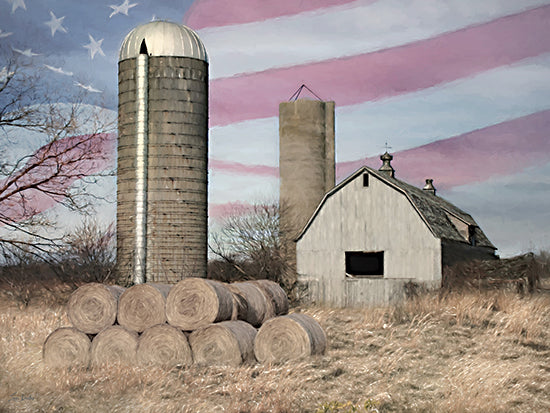 Lori Deiter LD3977 - LD3977 - American Heartland - 16x12 farm silo, white barn, hay bales, american flag sky, rustic farm scene, late winter field, americana decor, rural landscape, painterly texture, patriotic theme, country farmstead from Penny Lane