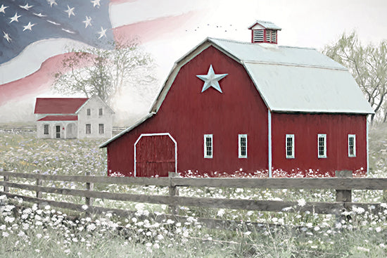Lori Deiter LD4005 - LD4005 - American Homestead - 18x12 red barn, white star, American flag overlay, farmhouse, split rail fence, white wildflowers, spring field, patriotic country scene, rustic barn facade, Americana farm art, soft painterly style, rural homestead, faded flag, vintage farmhouse decor from Penny Lane