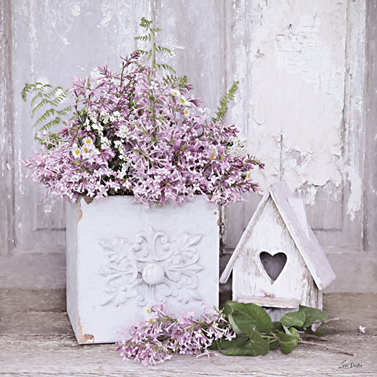 Lori Deiter LD4058 - LD4058 - Spring Lilacs - 12x12 lavender flowers, purple blooms, spring bouquet, white planter, floral arrangement, birdhouse, heart cutout, rustic, cottage decor, farmhouse, shabby chic, whimsical, still life, neutral background, decorative, springtime, Mother's Day, Easter, country style, soft painterly from Penny Lane