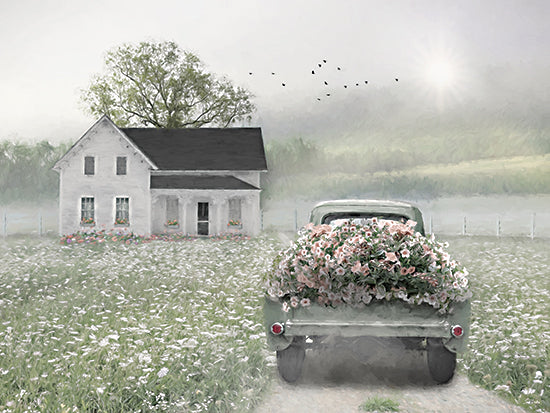 Lori Deiter LD4064 - LD4064 - Flower Delivery - 16x12 white farmhouse, country house, rural home, green pickup truck, vintage truck, truck full of flowers, pink flowers, spring field, meadow, country road, morning light, birds flying, countryside landscape, modern farmhouse, transportation, nostalgic, painterly, Americana, springtime from Penny Lane