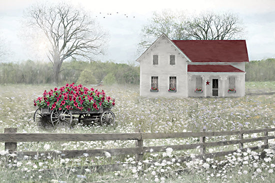 Lori Deiter LD4065 - LD4065 - The Wagon's Gift - 18x12 landscape, botanical, home spaces, country, rural, trees, floral, greenery, field, wagon, cottage, fence, farmhouse, wildflowers, roses, modern farmhouse, whimsical, digital painting, multicolor from Penny Lane
